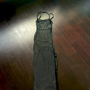 Rhinestone maxi dress with zip closure and side slit